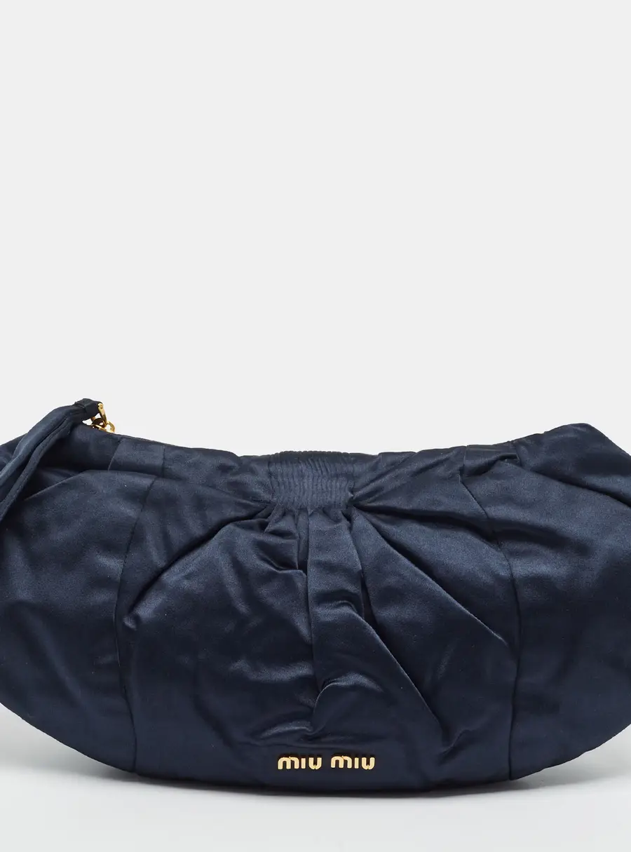 Miu Miu Pleated Zip Dark Blue Satin Clutch