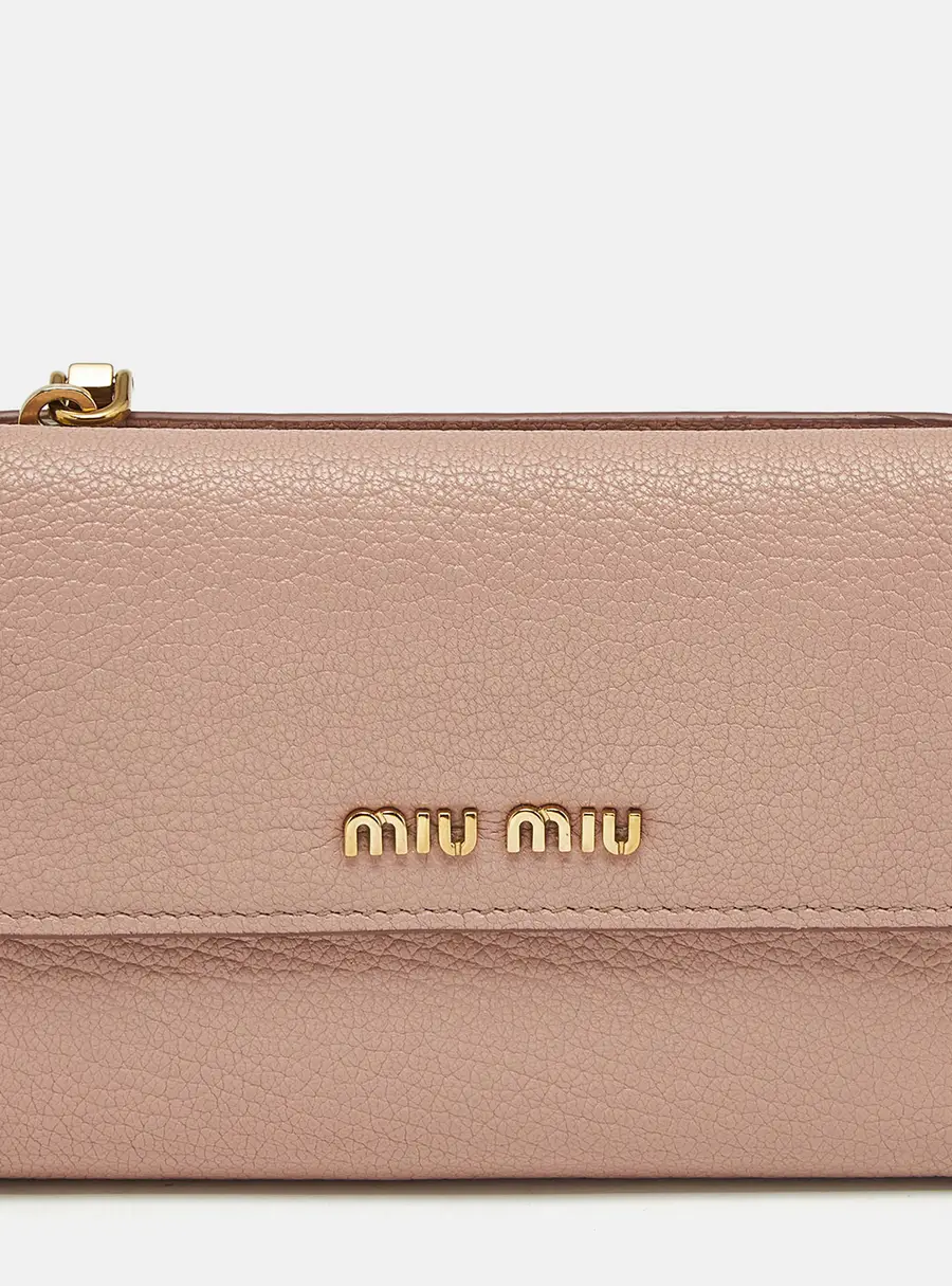 Miu Miu Logo Zip Beige Leather Trifold Wallet
