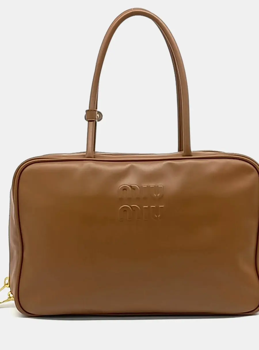 Miu Miu Embossed Logo Bowling Large Tan Leather Top Handle Bag