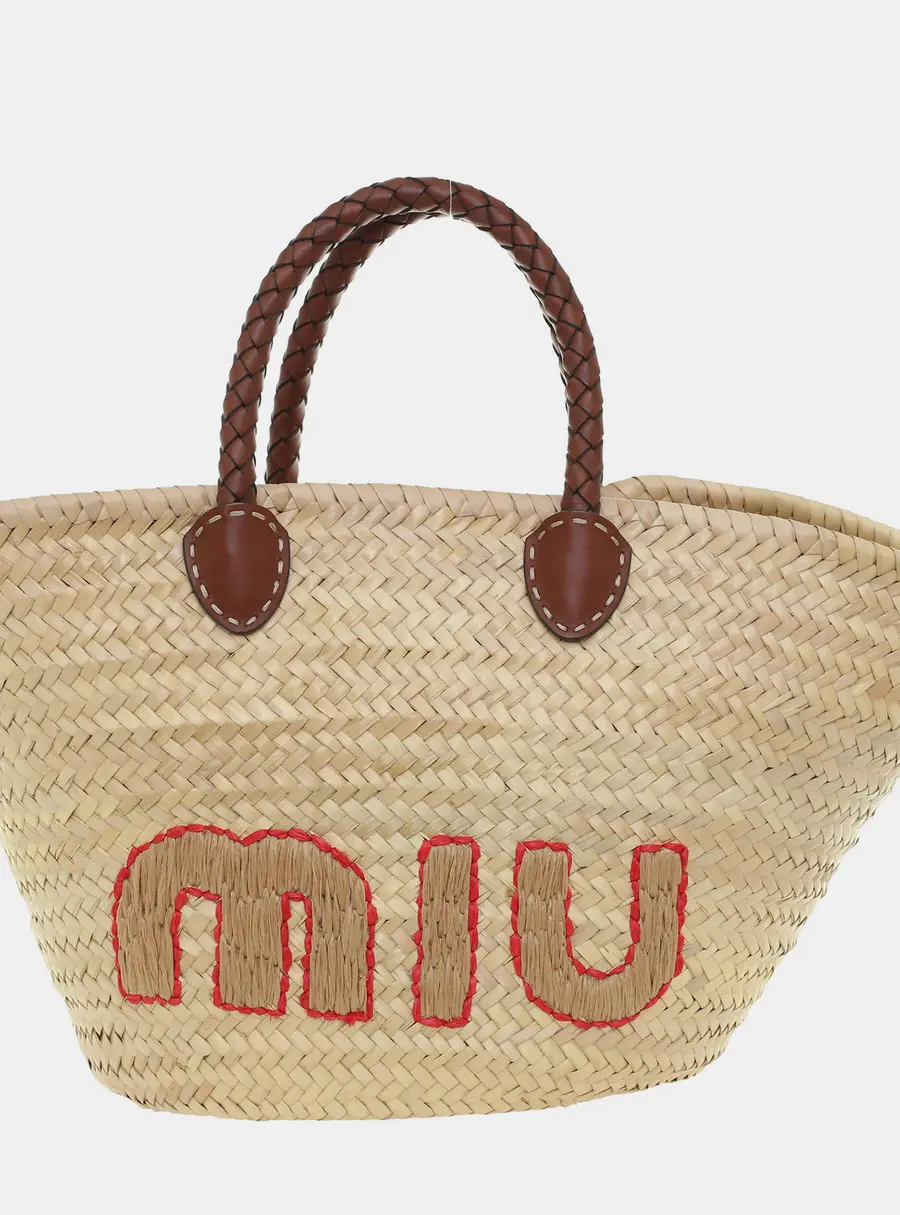 Miu Miu Logo Woven Straw Tote Brown Straw Red Thread Beige Woven Straw Tote Bag