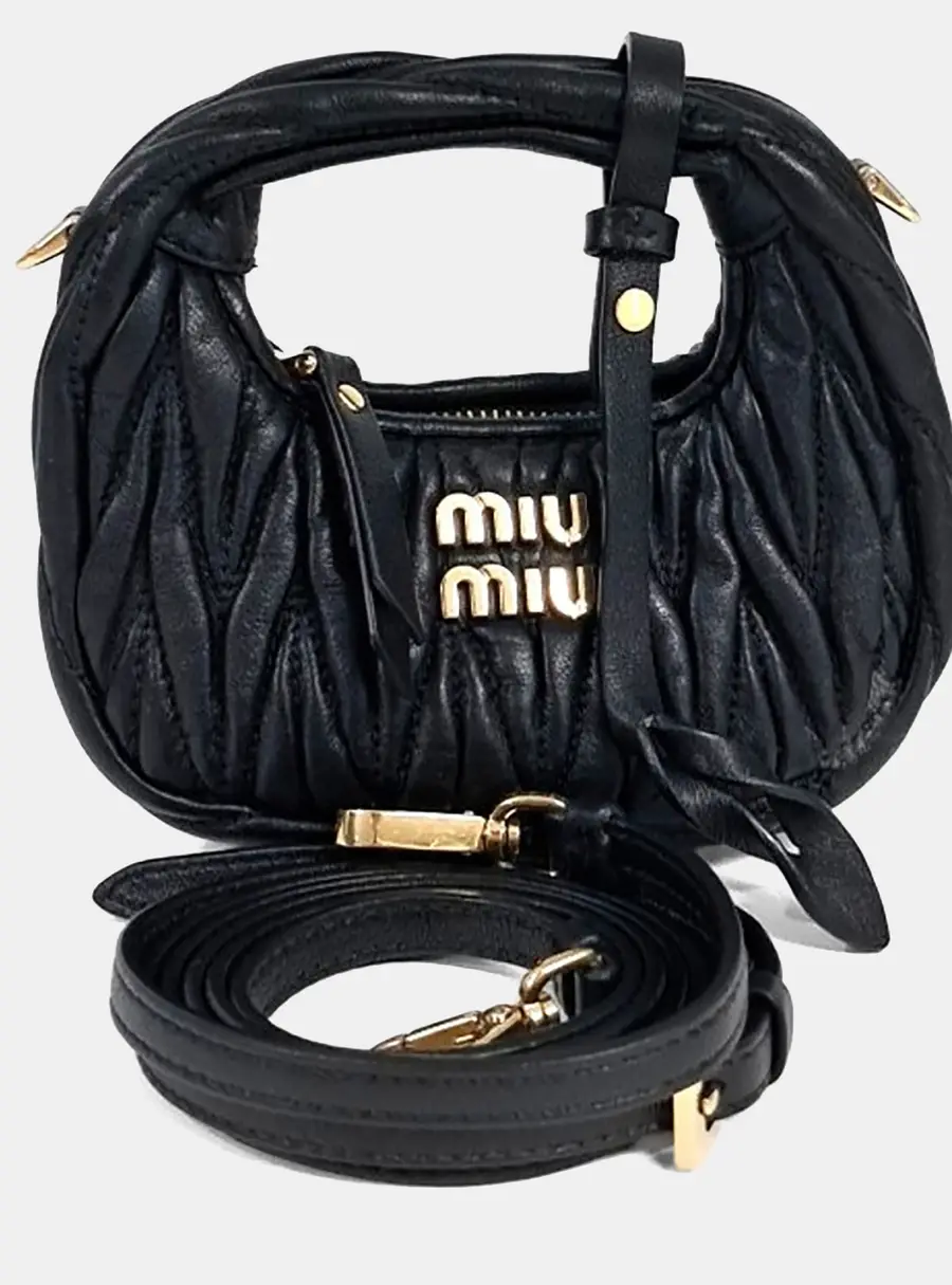 Miu Miu Black Leather Wander Matrasse Micro Hobo Bag