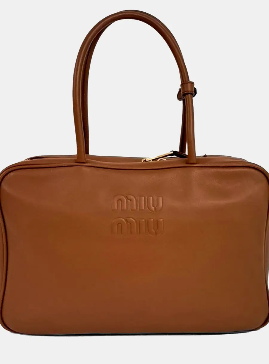 Miu Miu Brown Leather Embossed Logo Bowling Bag
