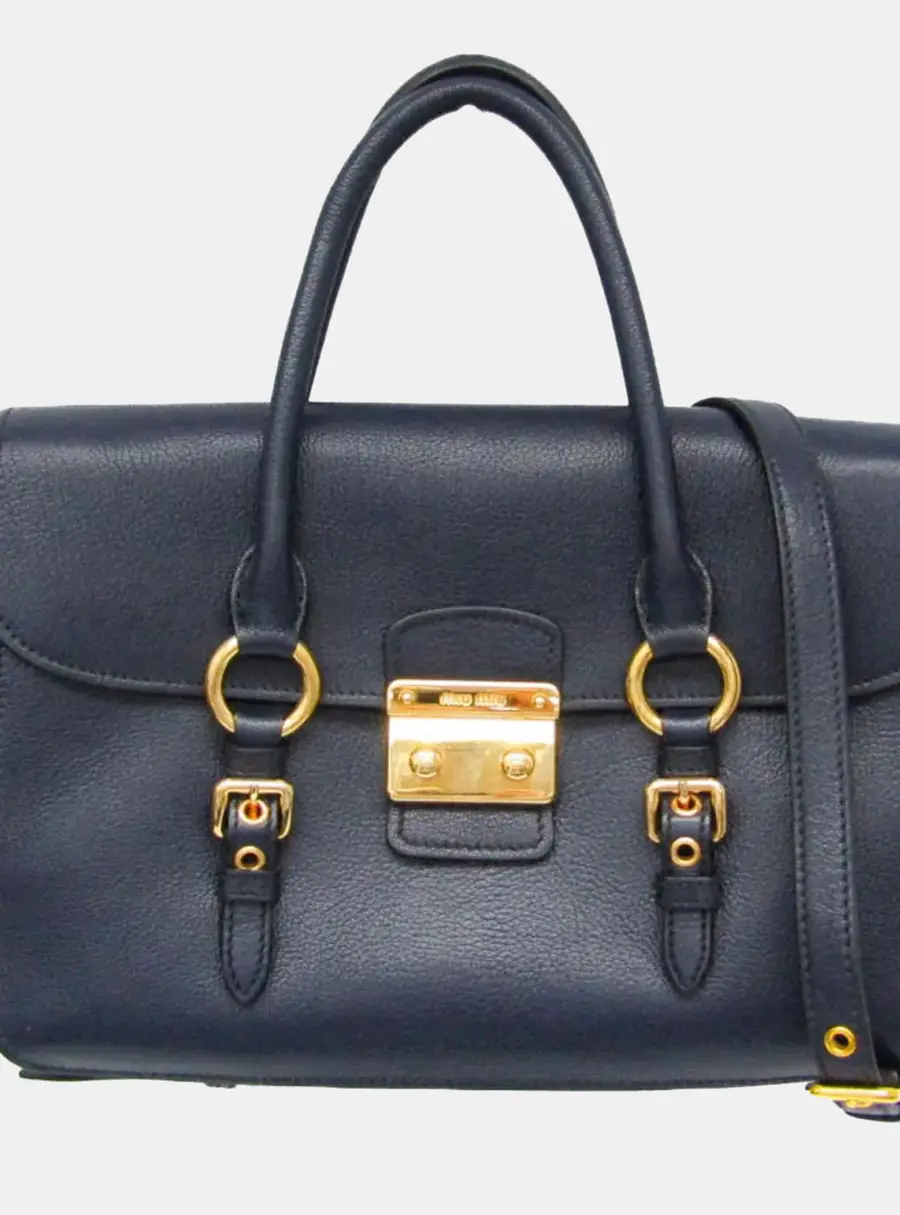 Miu Miu Madras Mini Navy Blue Calfskin Leather Top Handle Bag