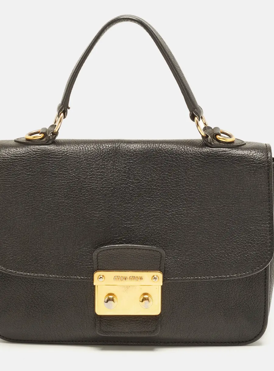 Miu Miu Logo Flap Black Leather Top Handle Bag