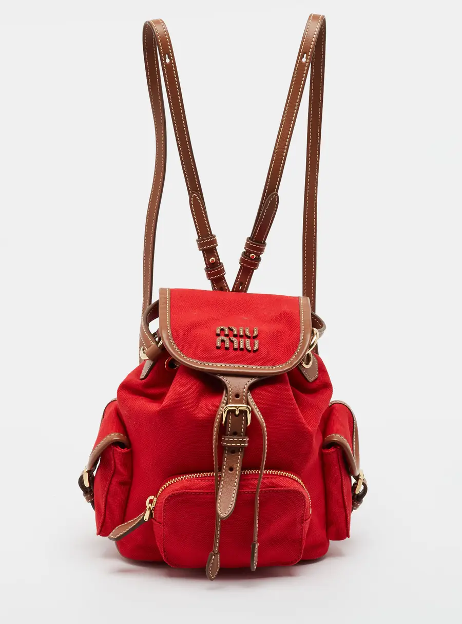 Miu Miu Red/Brown Canvas and Leather Drawstring Backpack