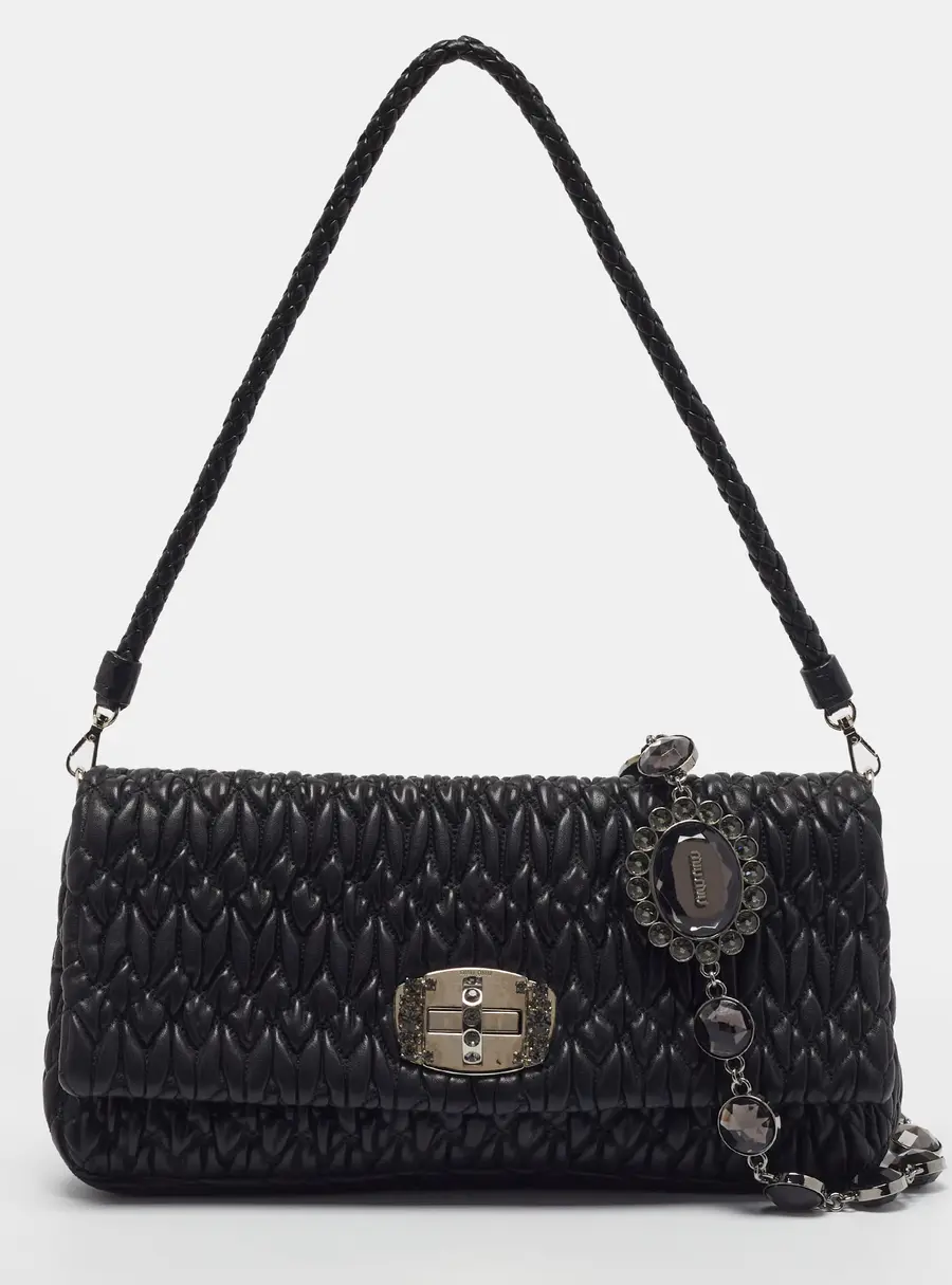 Miu Miu Crystal Black Matelasse Leather Shoulder Bag