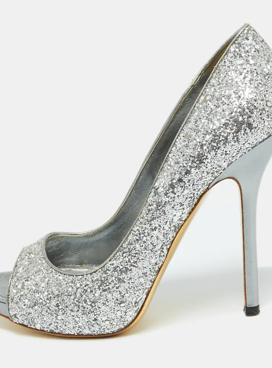 Miu Miu Silver Glitter and Leather Peep Toe Platform Pumps Size 41
