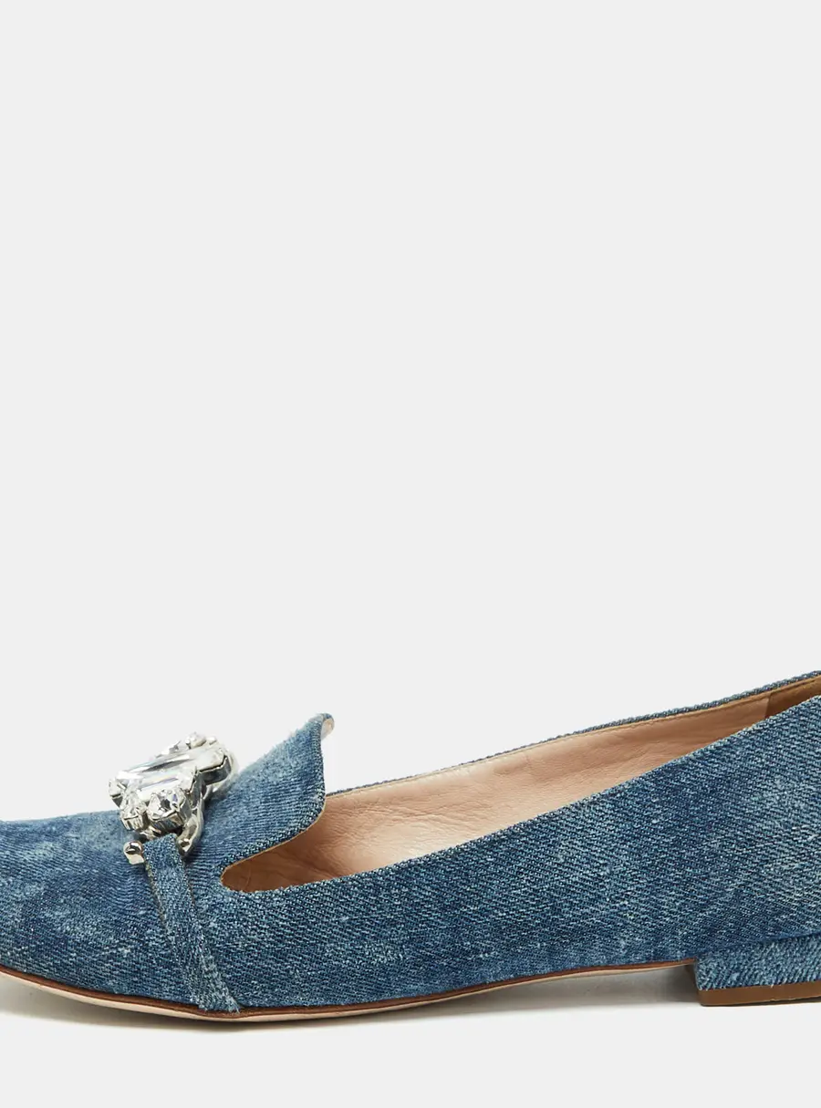 Miu Miu Blue Denim Crystal Embellished Smoking Slippers Size 38