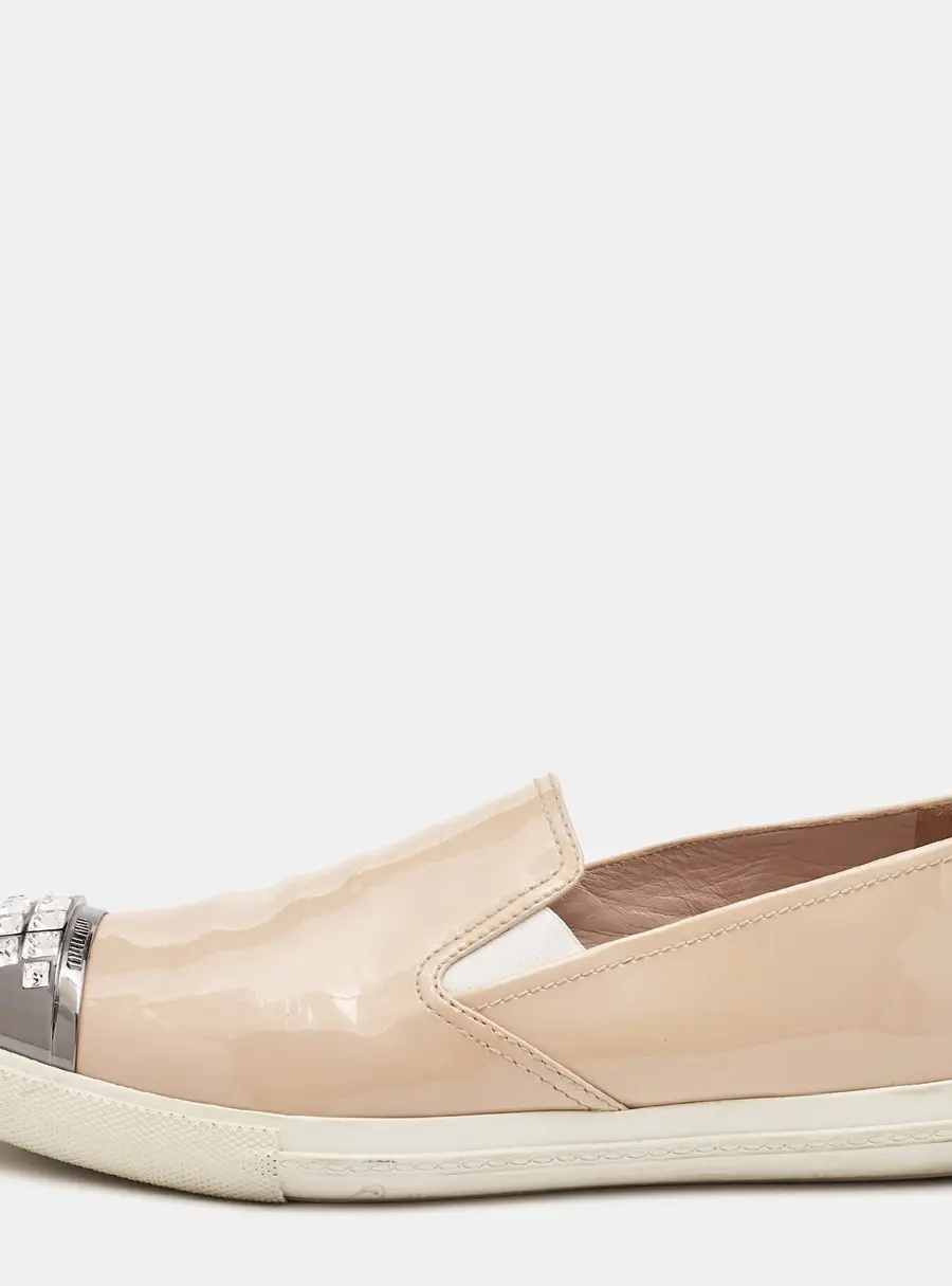 Miu Miu Beige Patent Leather Crystal Embellishment Pointed Sneakers Size 41