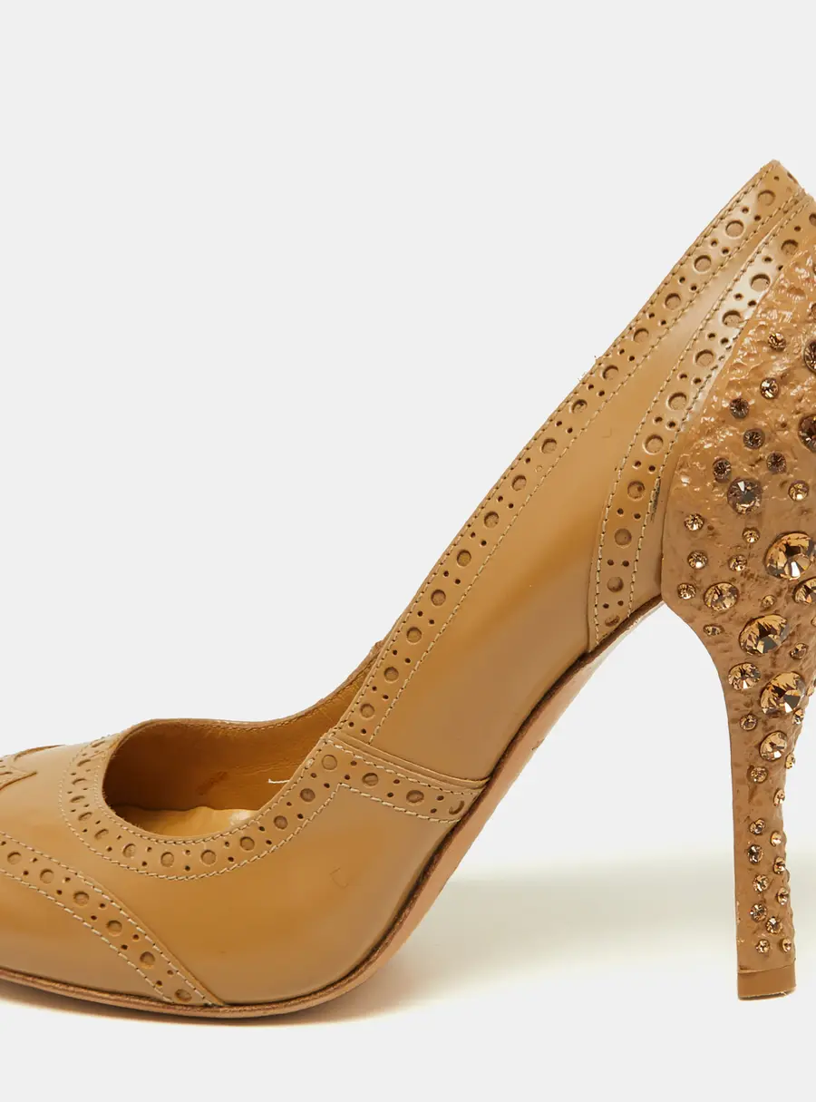 Miu Miu Beige Brogue Patent Leather Crystal Embellished Round Toe Pumps Size 38