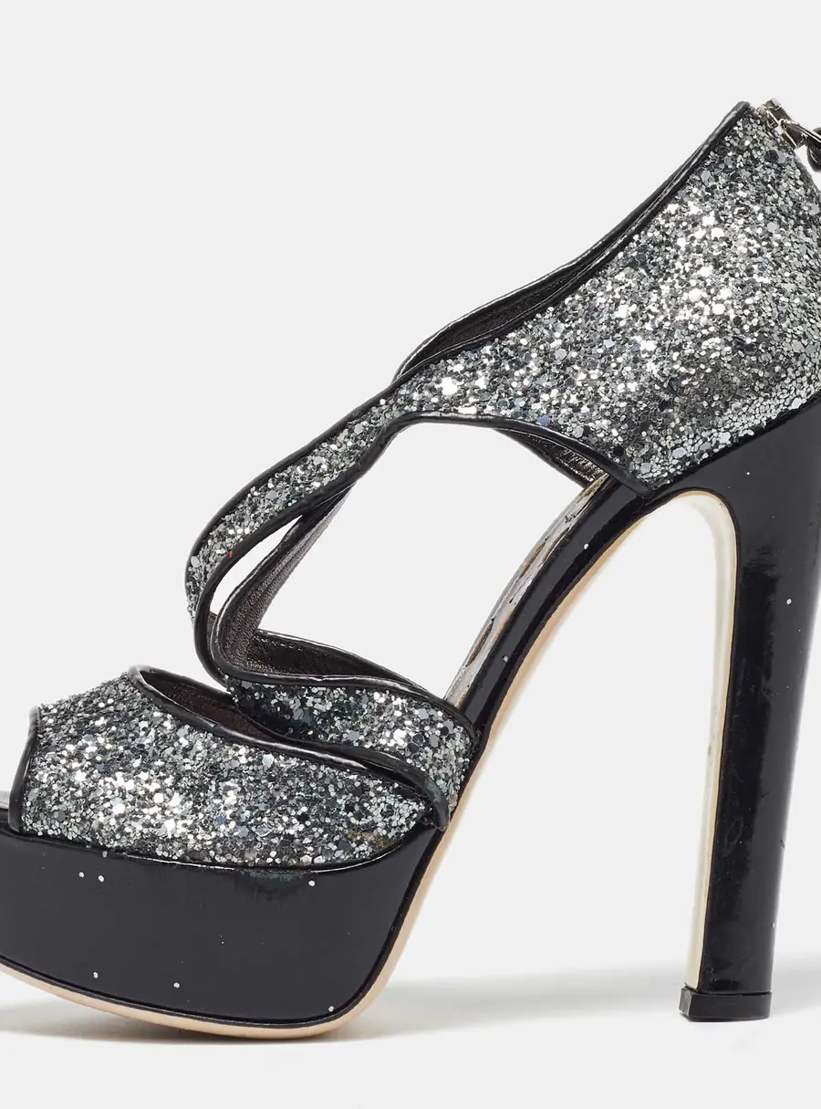Miu Miu Metallic Grey Coarse Glitter Platform Sandals Size 38.5