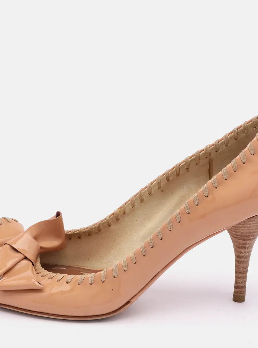 Miu Miu Beige Patent Leather Bow Peep Toe Pumps Size 35.5