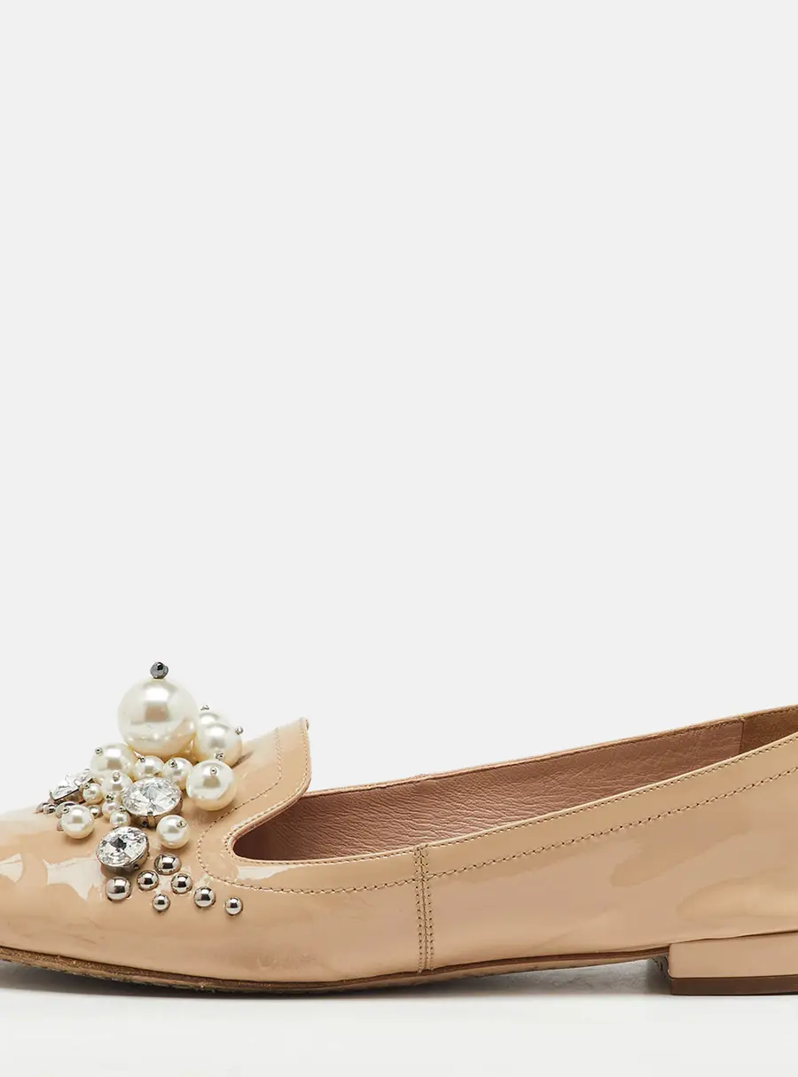 Miu Miu Beige Patent Leather Faux Pearls Ballet Flats Size 36