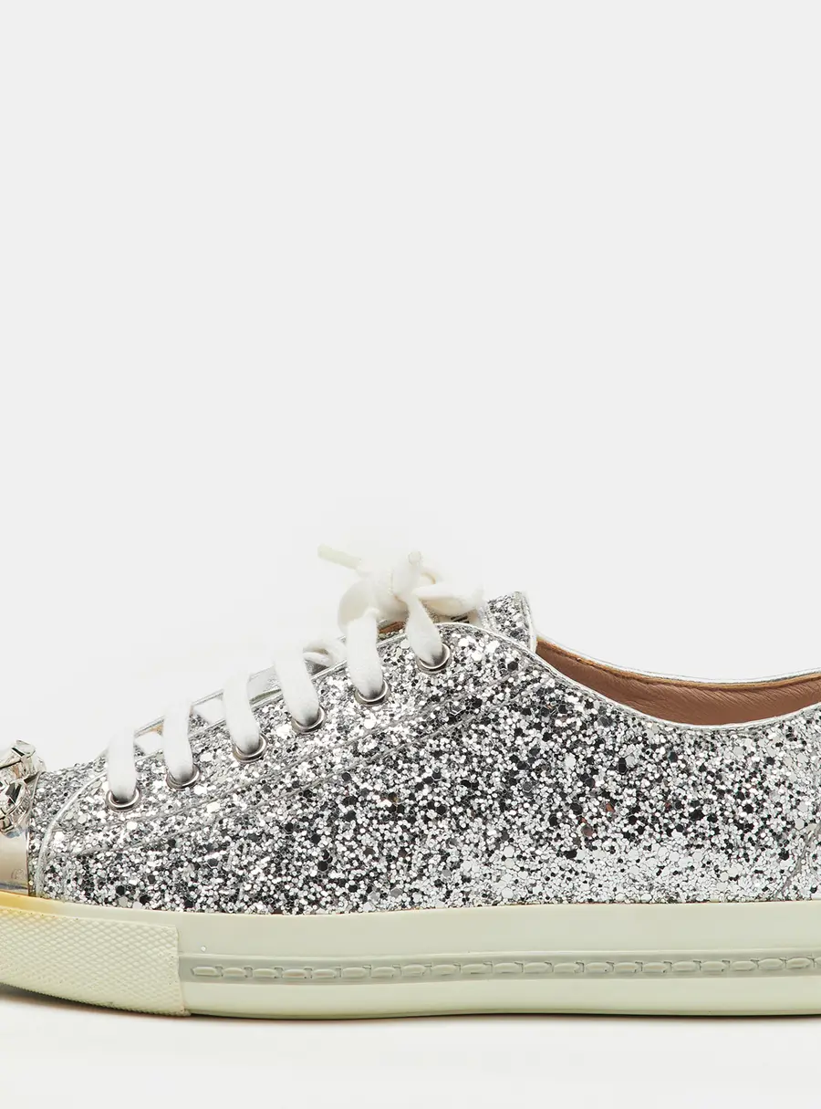 Miu Miu Silver Glitter Crystal Embellished Lace Up Sneakers Size 37.5
