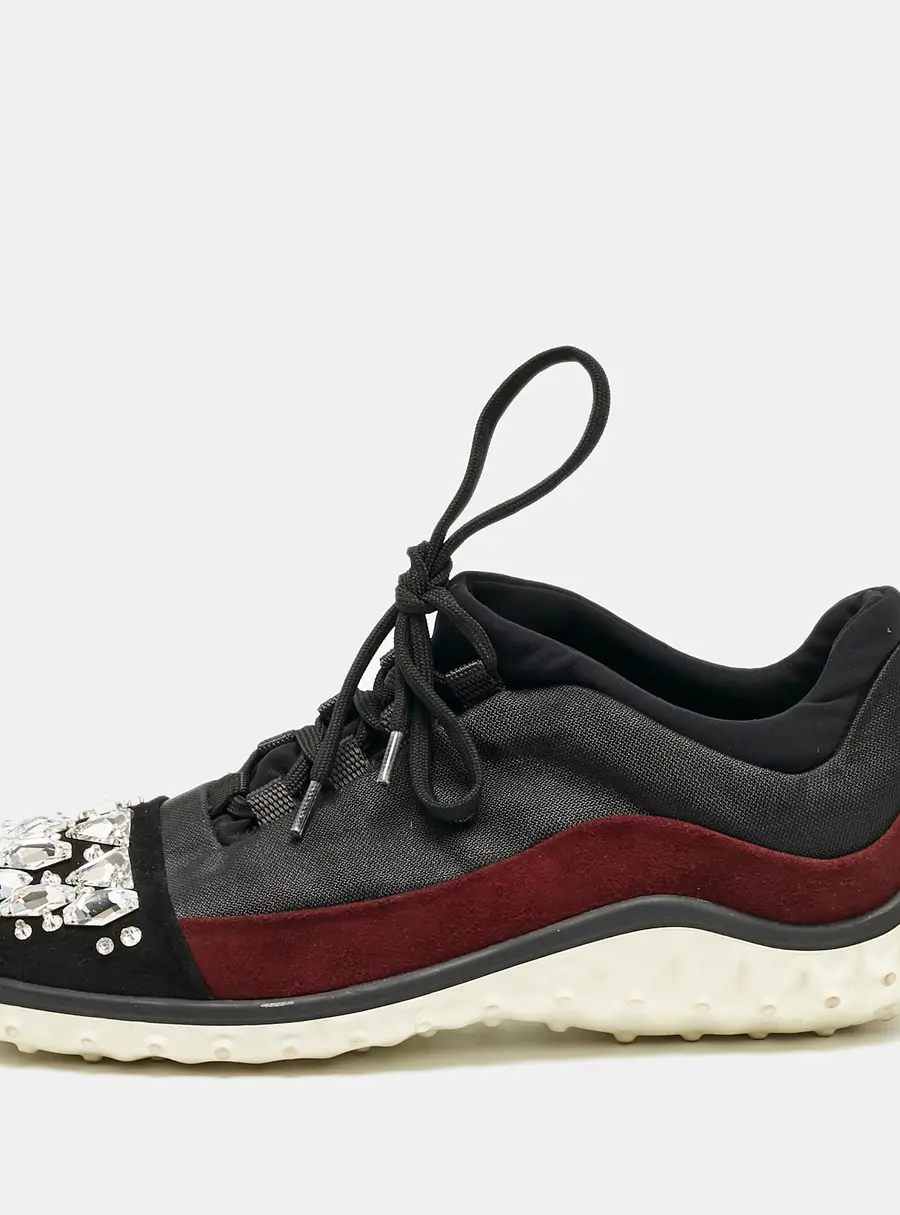Miu Miu Black/Burgundy Canvas and Suede Crystal Embellished Sneakers Size 37.5