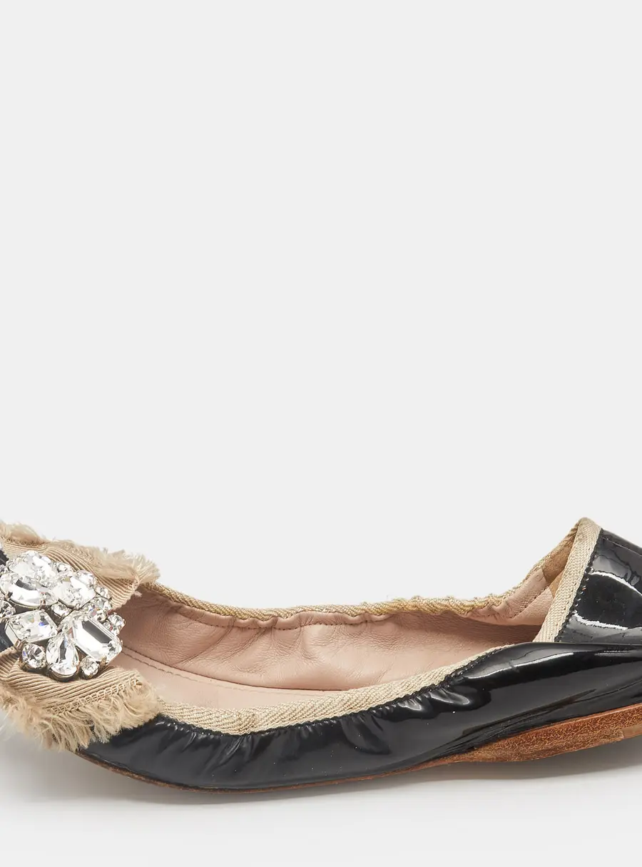 Miu Miu Black Patent Leather Crystal Embellished Scrunch Ballet Flats Size 37.5