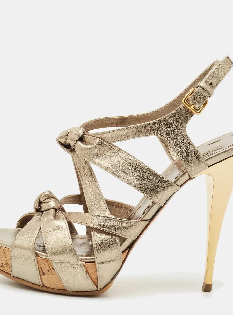 Miu Miu Metallic Leather Bow Ankle Strap Platform Sandals Size 41