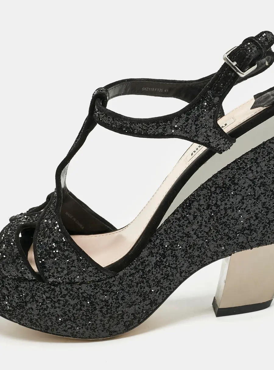 Miu Miu Black Glitter Wedge Slingback Sandals Size 41