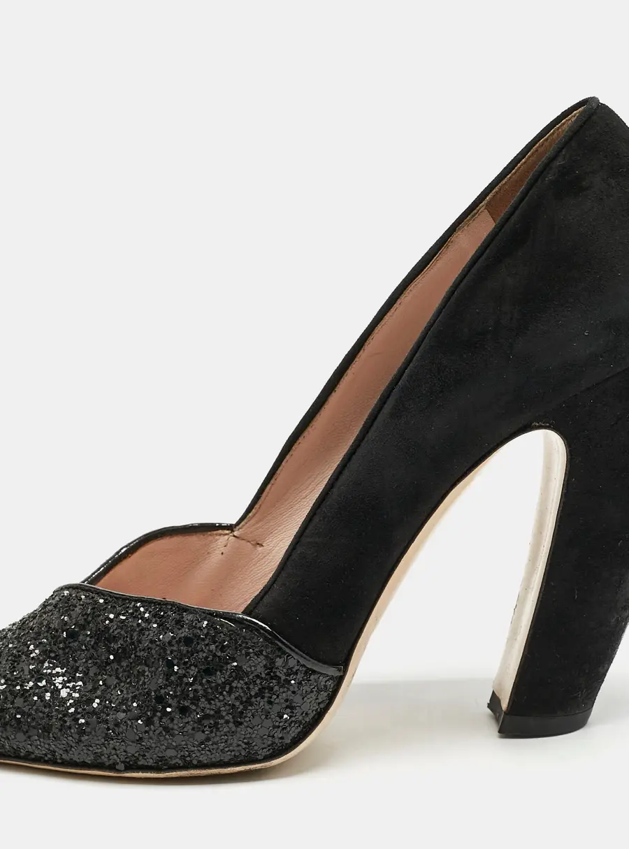 Miu Miu Black Glitter and Suede Curved Peep Toe Pumps Size 37.5