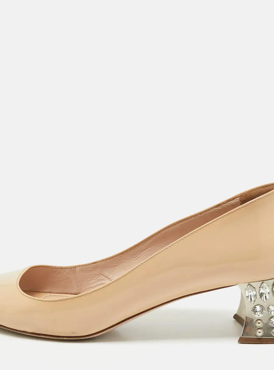 Miu Miu Beige Patent Leather Crystal Embellished Peep Toe Pumps Size 39.5