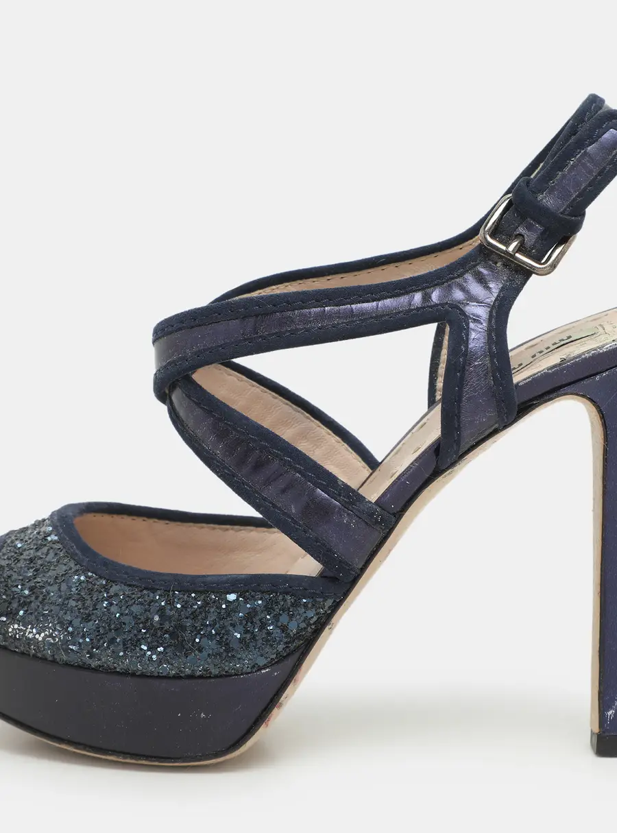 Miu Miu Size 38.5 Blue Glitter and Velvet Ankle Strap Sandals