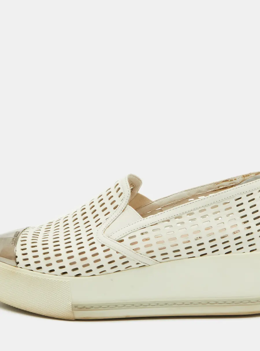 Miu Miu White Perforated Leather Metal Cap Toe Slip On Sneakers Size 37.5