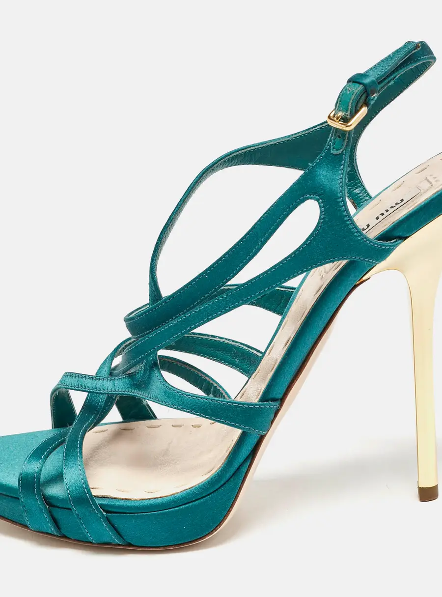 Miu Miu Green Satin Crisscross Ankle Strap Sandals Size 40.5