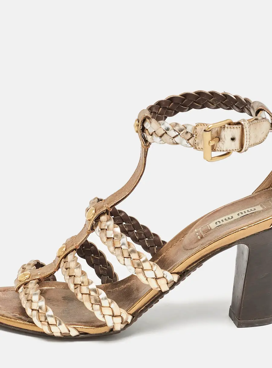 Miu Miu Size 36.5 Gold Woven Leather Ankle Strap Sandals