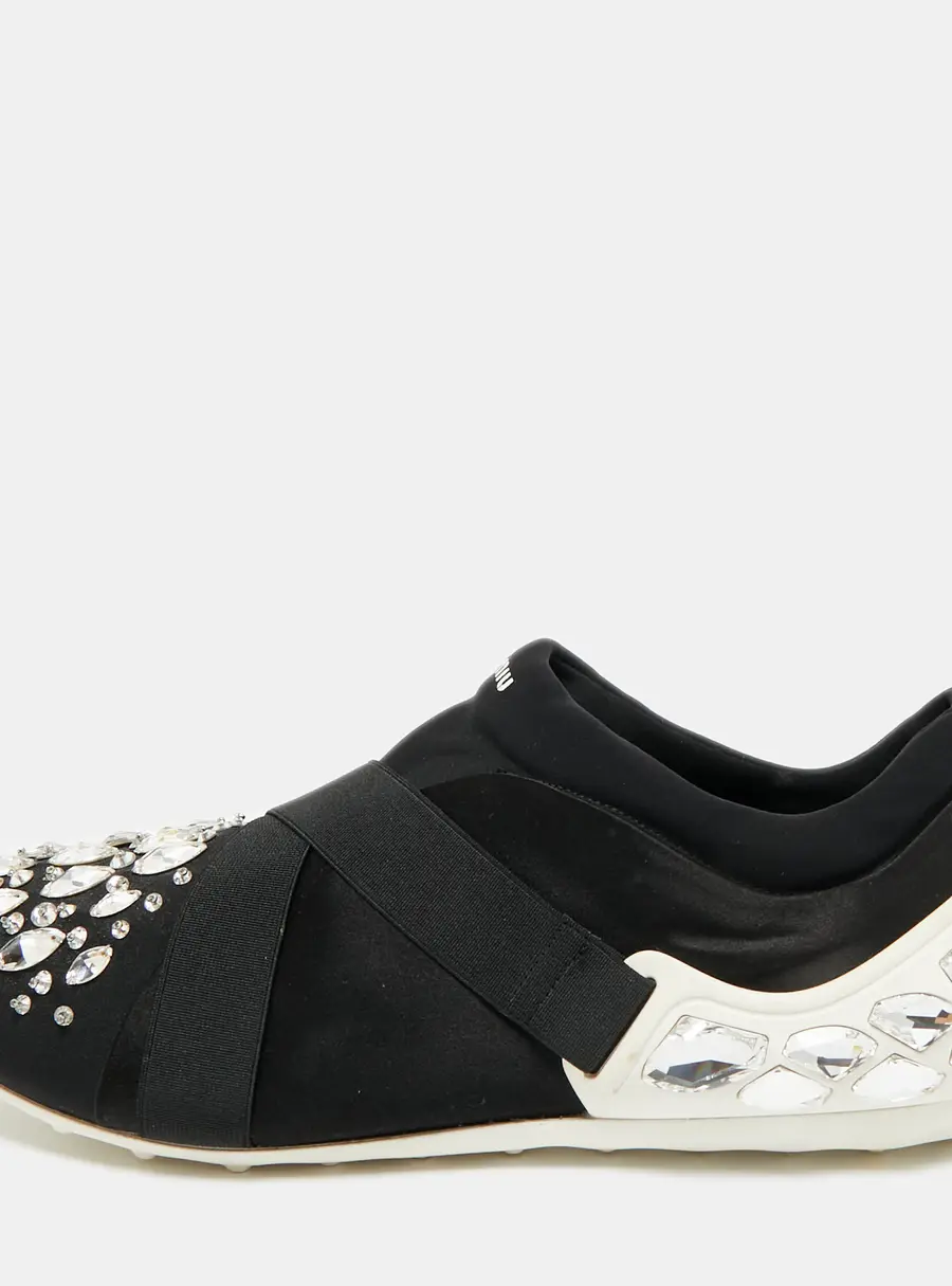 Miu Miu Black Elastic and Nylon Crystal Embellished Slip On Sneakers Size 38