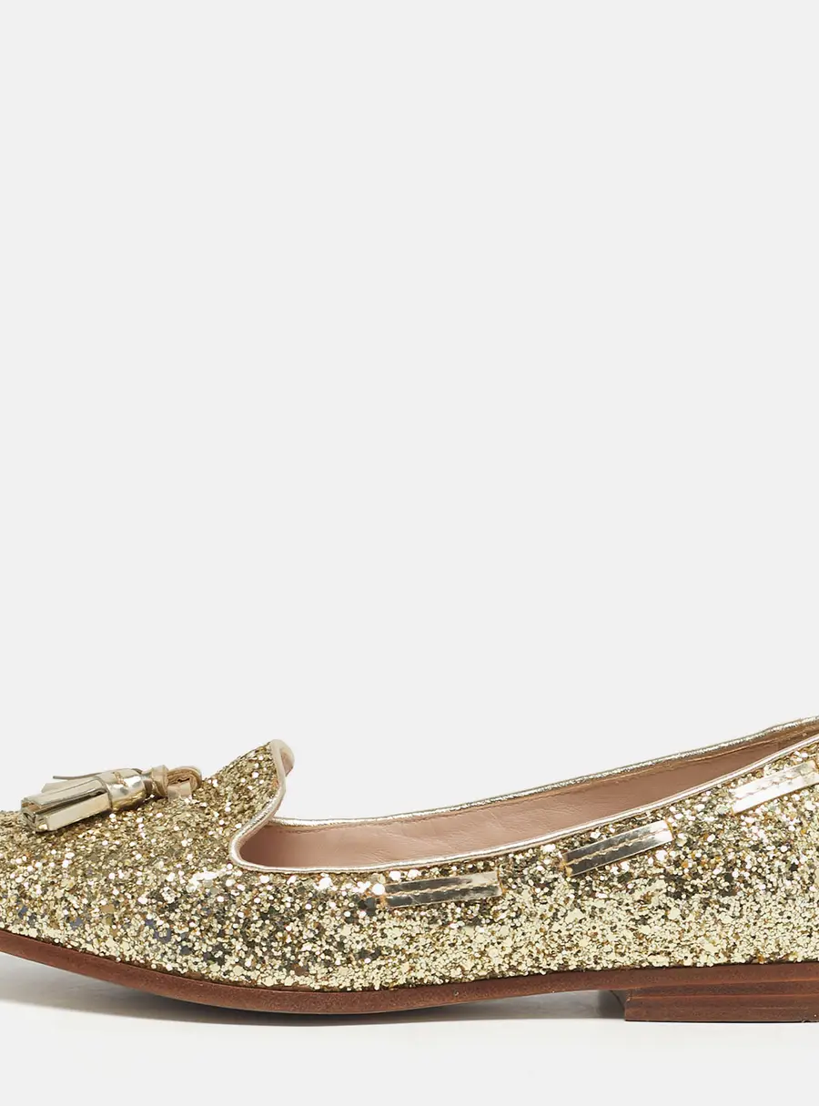 Miu Miu Size 38 Gold Glitter and Leather Tassel Smoking Slippers
