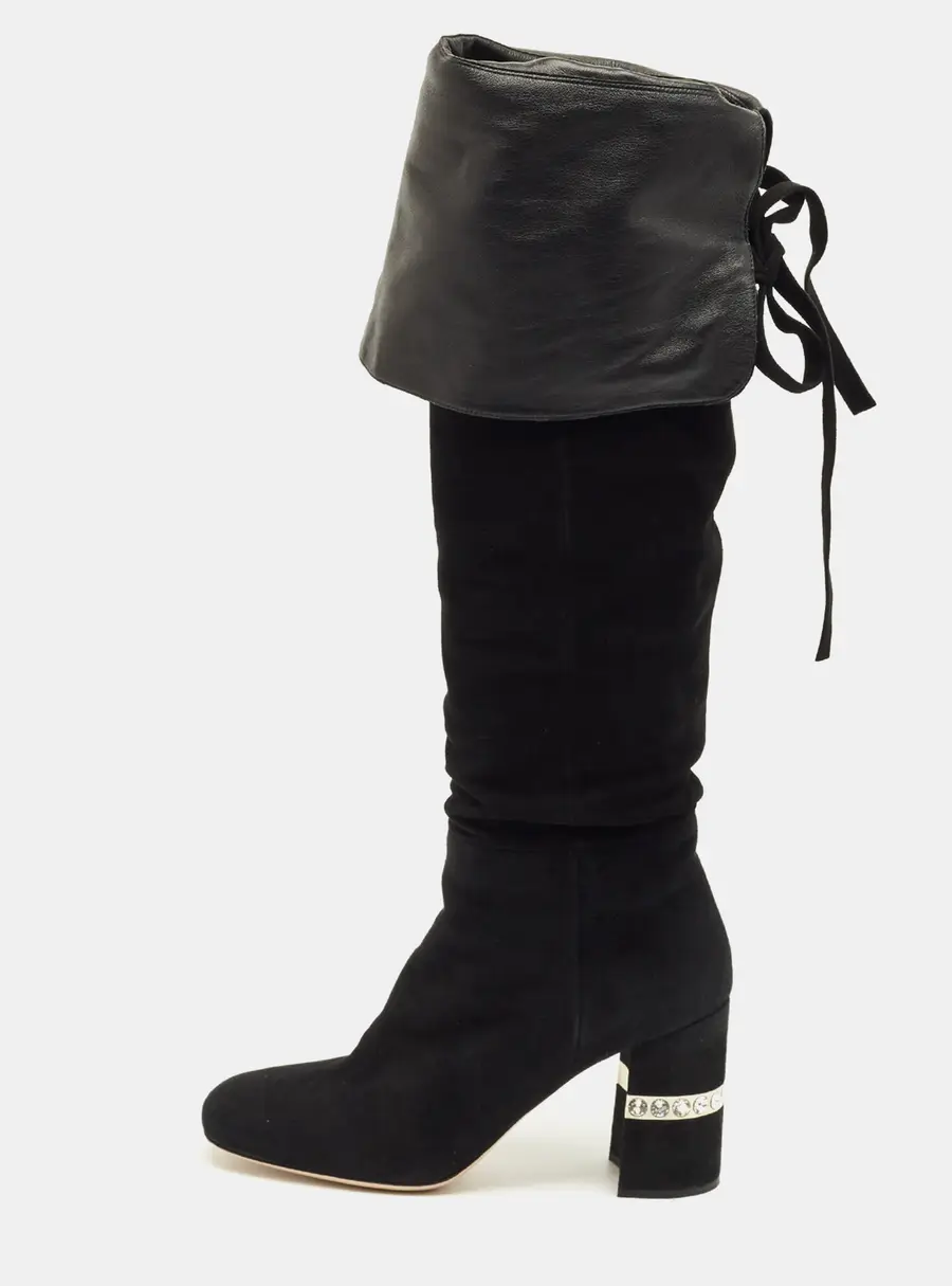 Miu Miu Size 40 Black Suede Crystal Embellished Knee Length Boots