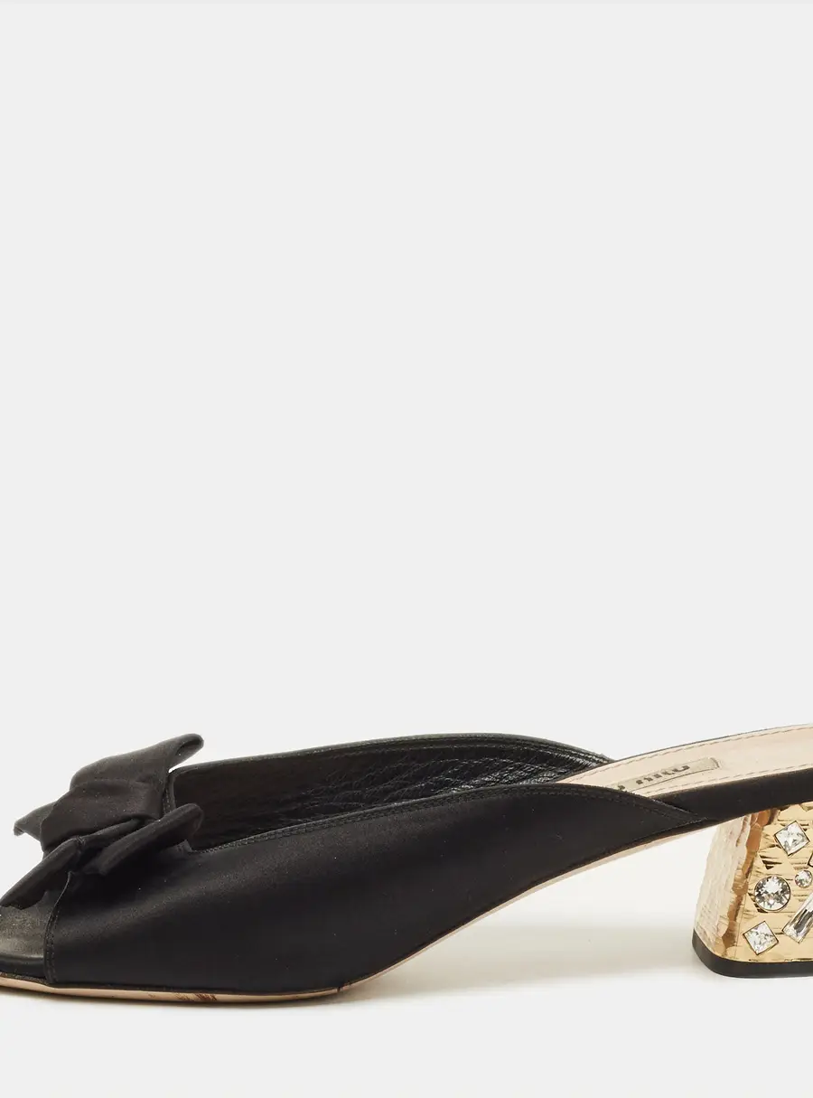 Miu Miu Size 39.5 Black Satin Bow Crystal Embellished Block Heel Slide Sandals