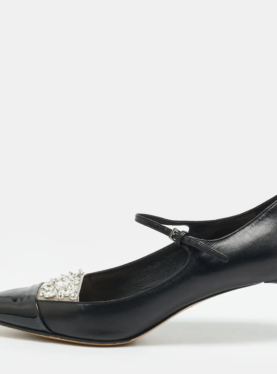 Miu Miu Size 36.5 Black Patent and Leather Crystal Embellished Mary Jane Pumps