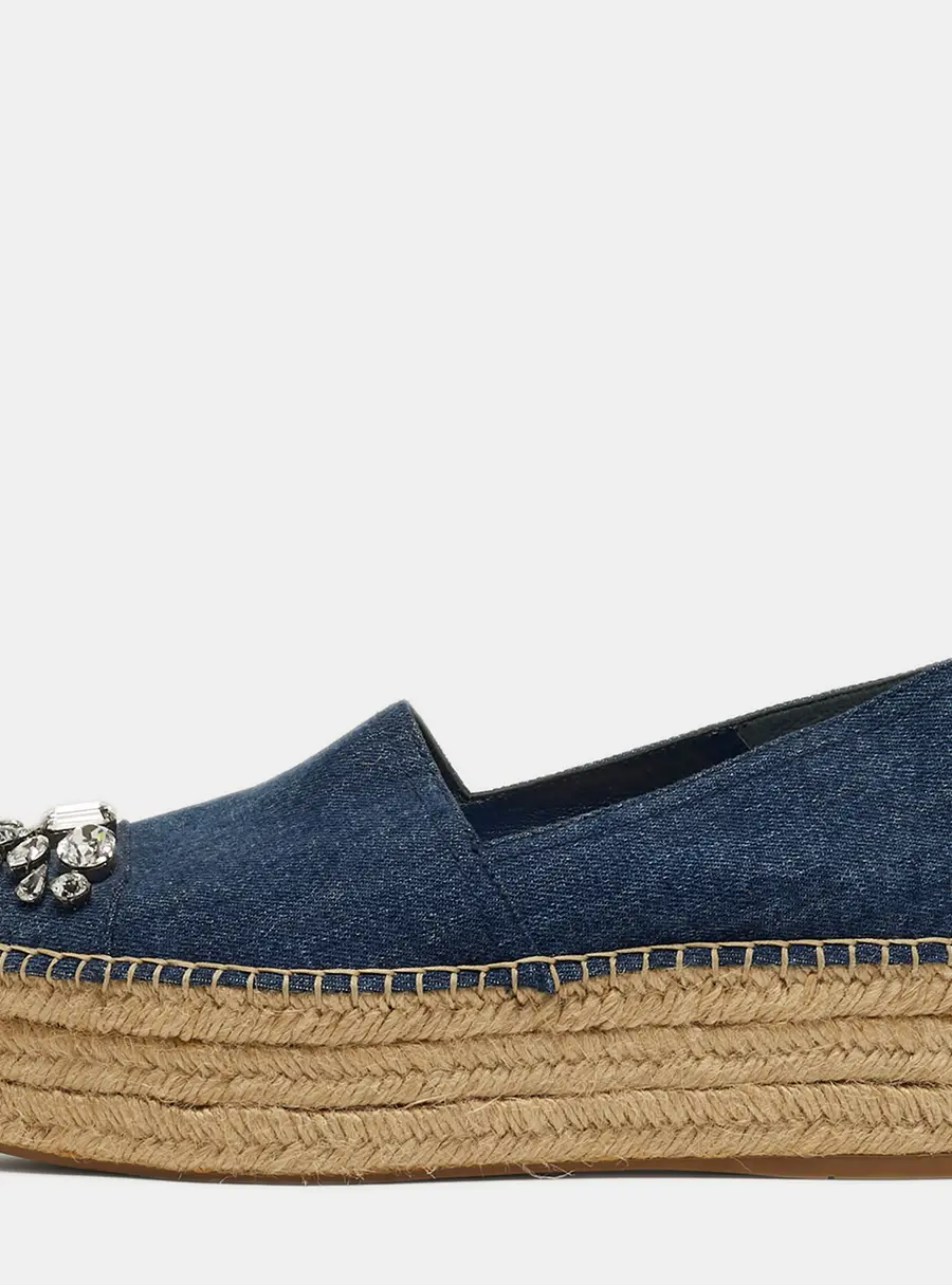 Miu Miu Size 38 Blue Denim Crystal Embellished Espadrille Platform Wedge Flats