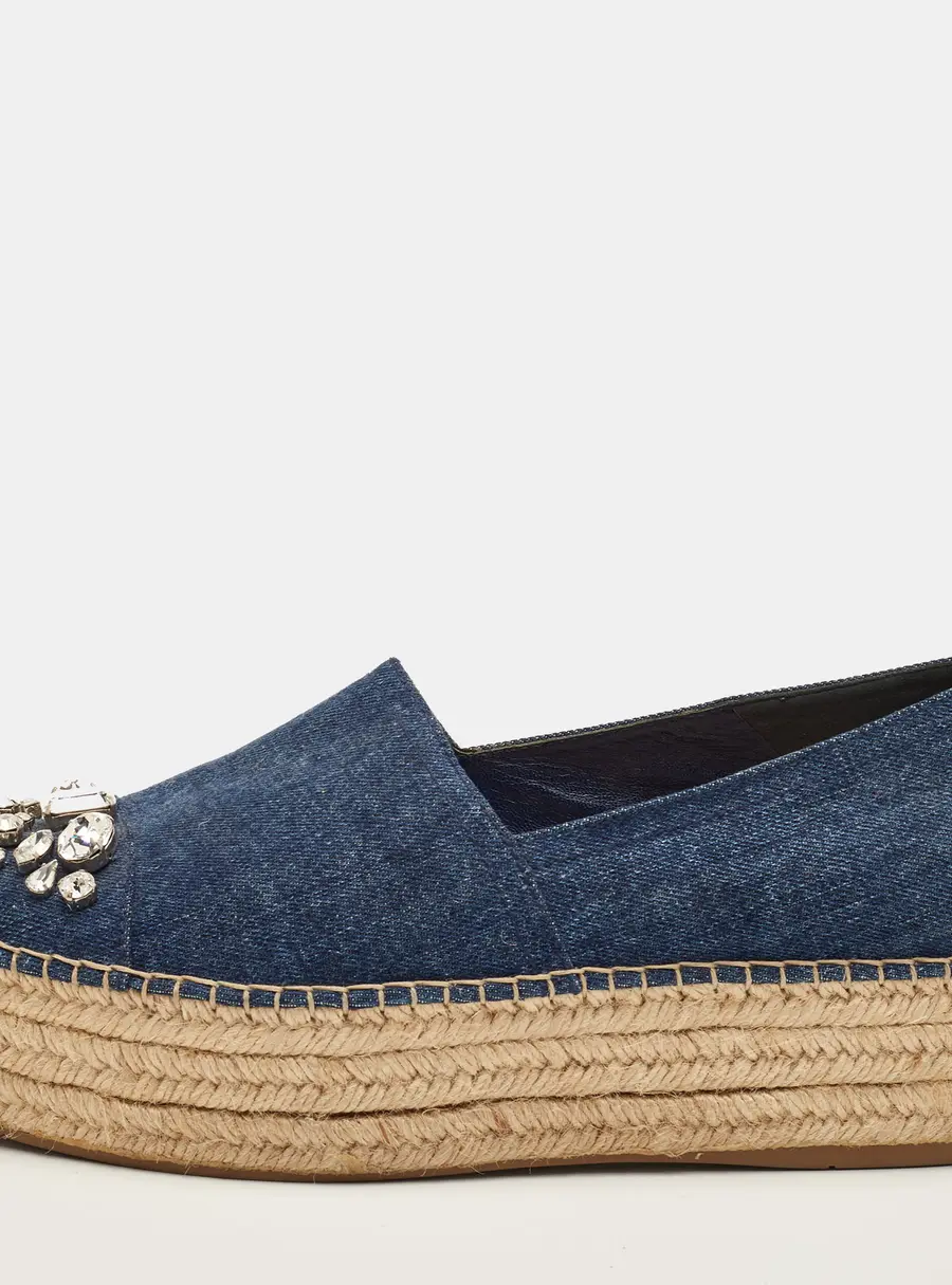 Miu Miu Size 41 Navy Blue Denim Crystal Embellished Platform Espadrille Sandals
