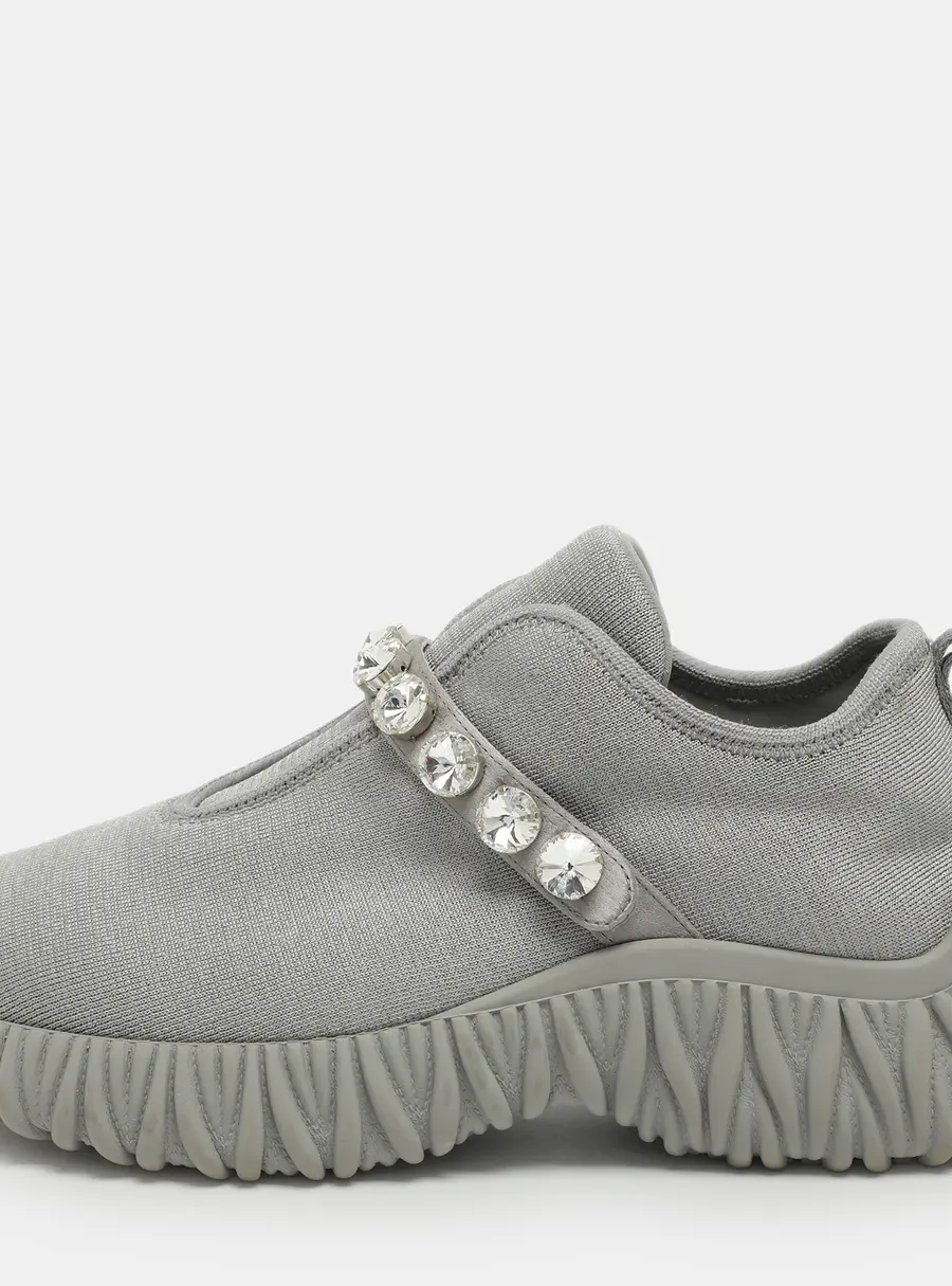 Miu Miu Embellished Size 37 Grey Knit Fabric Slip On Sneakers