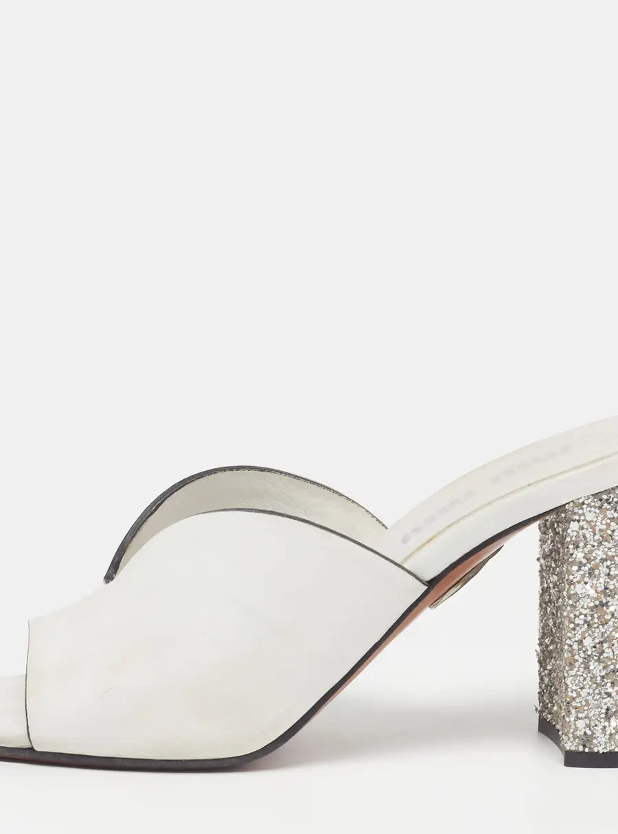 Miu Miu Size 37.5 White Leather Glitter Block Heel Slide Sandals