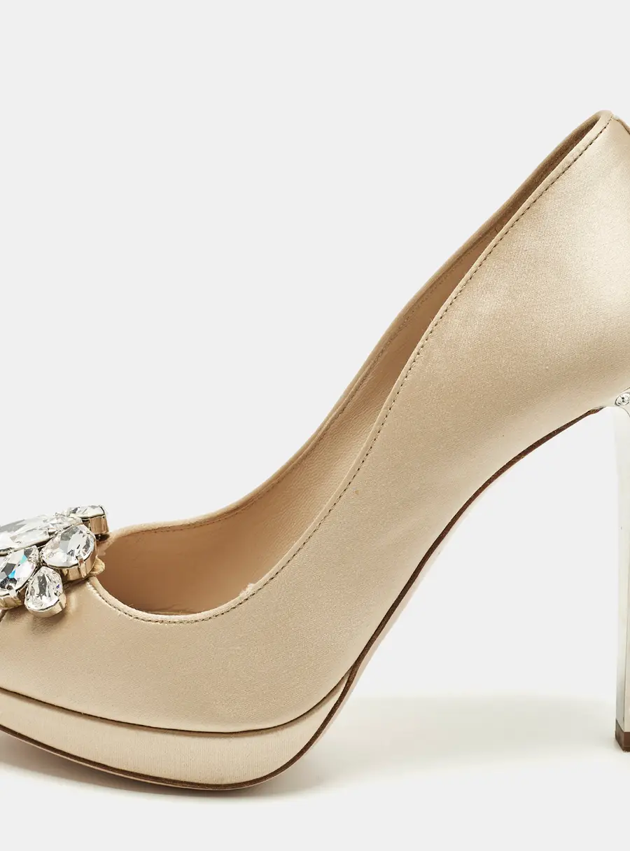 Miu Miu Size 37 Cream Satin Crystal Embellished Heel Platform Peep Toe Pumps