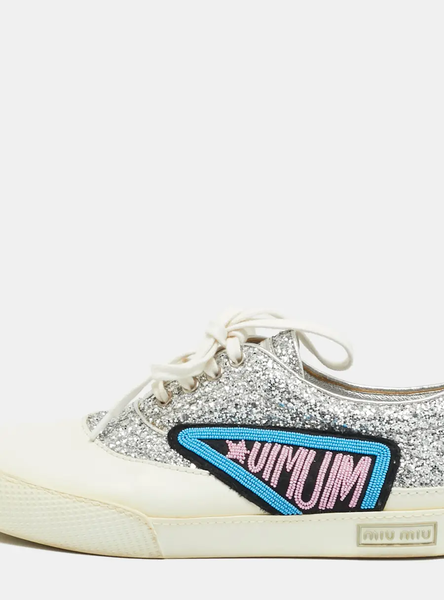 Miu Miu Patch Size 38.5 White/Silver Glitter and Leather Low Top Sneakers