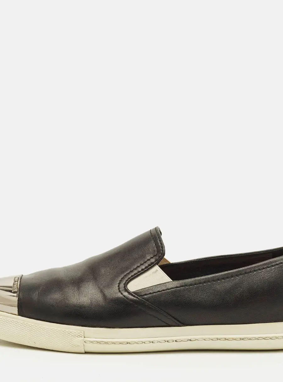 Miu Miu Size 38.5 Black Leather and Metal Metal Cap Toe Slip On Sneakers