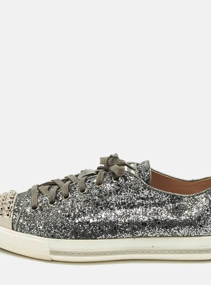 Miu Miu Size 39 Metallic Dark Grey Glitter Studded Cap Toe Low Top Sneakers