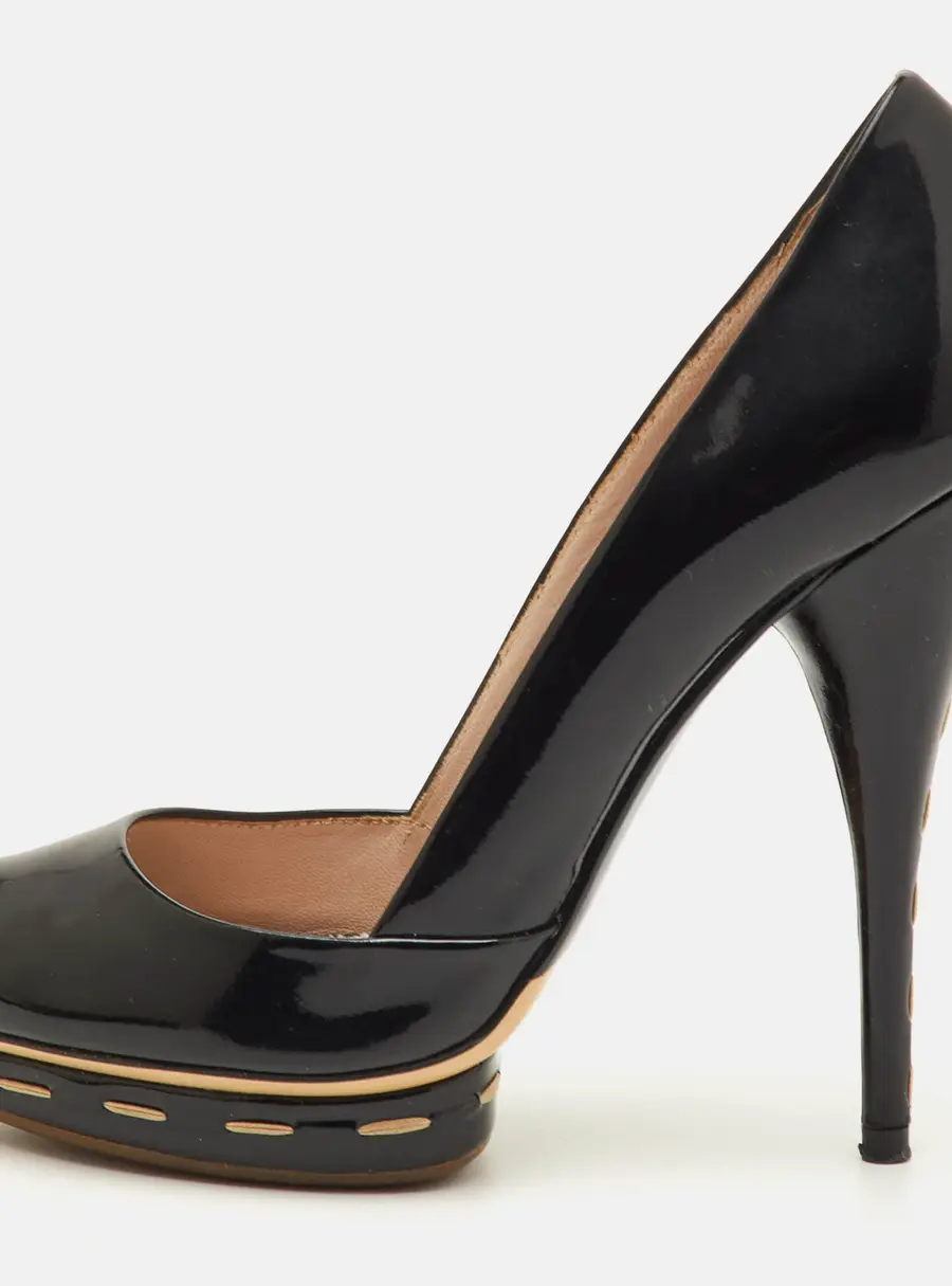 Miu Miu Size 37 Black Patent Leather Peep Toe Pumps