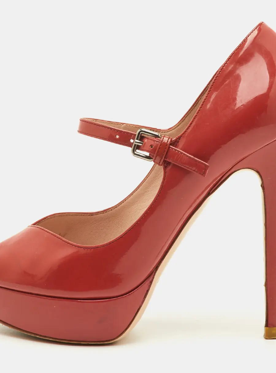 Miu Miu Size 37 Peach Pink Patent Leather Mary Jane Peep Toe Platform Pumps