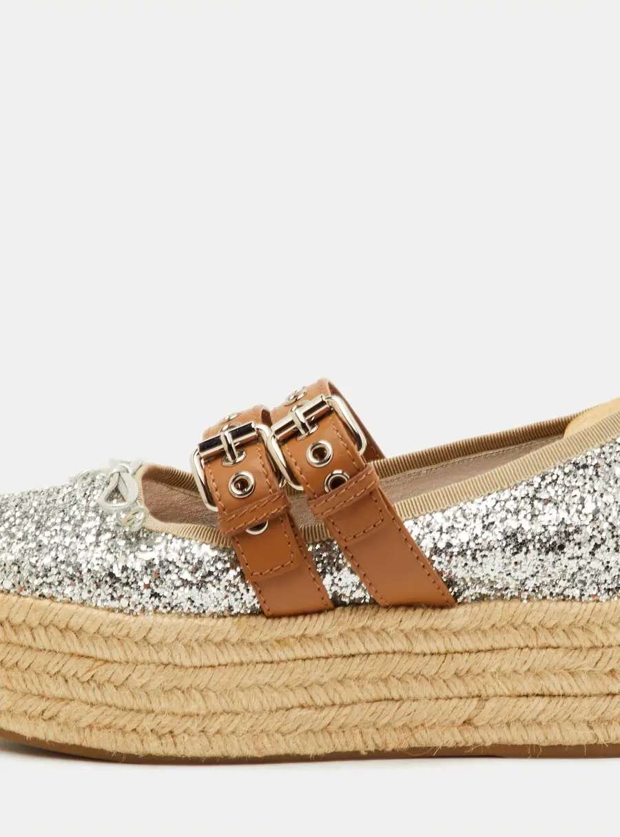 Miu Miu Size 37 Silver/Brown Glitter and Leather Platform Espadrille Ballet Flats