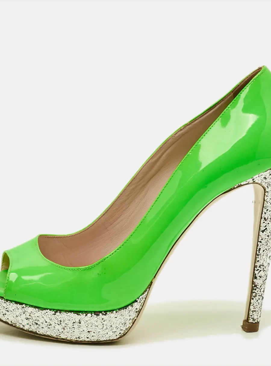 Miu Miu Size 38.5 Green/Silver Glitter and Patent Leather Peep Toe Pumps