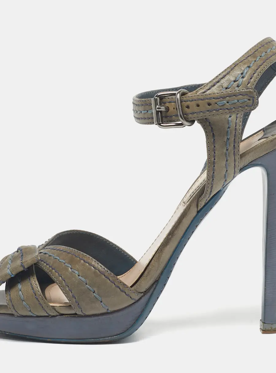Miu Miu Grey Leather Bow Ankle Strap Sandals Size 38