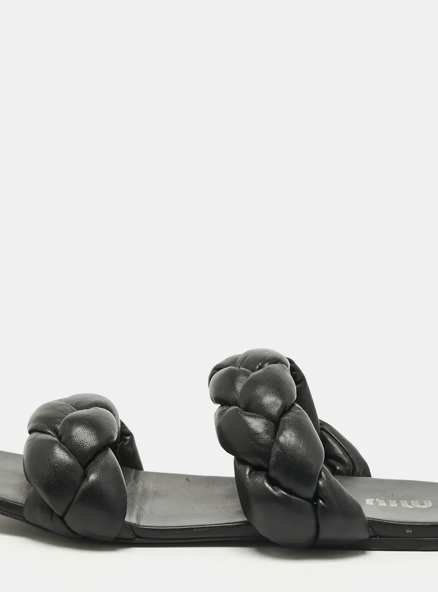 Miu Miu Black Woven Leather Flat Slides Size 39.5