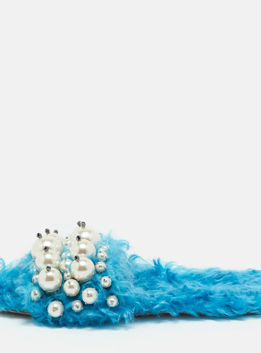 Miu Miu Blue Faux Fur Pearl Embellished Flat Slides Size 36