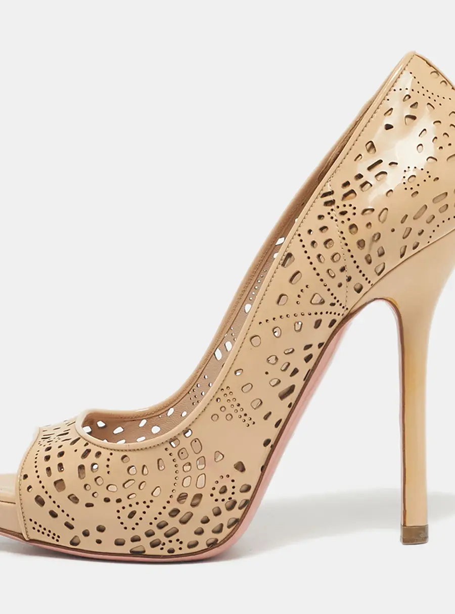 Miu Miu Beige Patent Leather Laser Cut Peep Toe Pumps Size 37.5