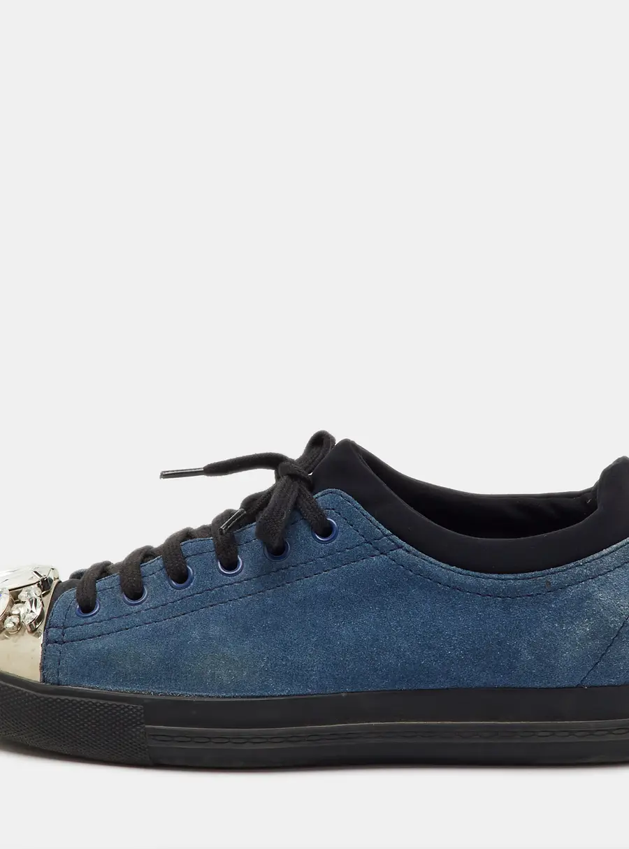 Miu Miu Blue/Black Suede Crystal Embellished Cap Toe Low Top Sneakers Size 39